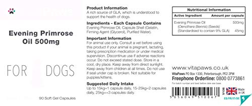 Aceite de Onagra 500mg para Perros - 90 Perlas - VitaPaws