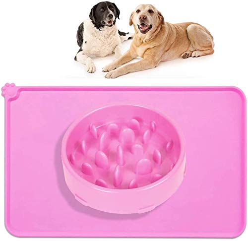 Alfombrilla de Silicona para Comederos de Perros y Gatos, 48x30cm Tapete Comer Antideslizante Compatible y Comedero Perro Gato alimentador Tazon, Rosado