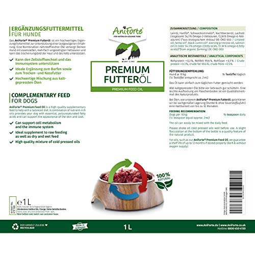 AniForte Barf Food Oil for Dogs 1L - Aceite Premium prensado en frío, aditivo Barf Ideal para Perros, Natural, apropiado para Cada Especie y equilibrado, envase reciclable sin BPA