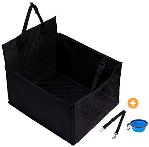 Asiento para Perros para Asiento Trasero - 60 x 53 x 35 cm - Robustas Varillas de Fibra de Vidrio - Interior Acolchado - Regalos incluidos: Cuenco Bol Plegable y cinturón de Seguridad para Perros