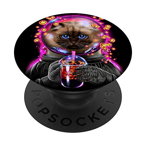 Astronauta gato siamés bebiendo té en el espacio PopSockets PopGrip: Agarre intercambiable para Teléfonos y Tabletas
