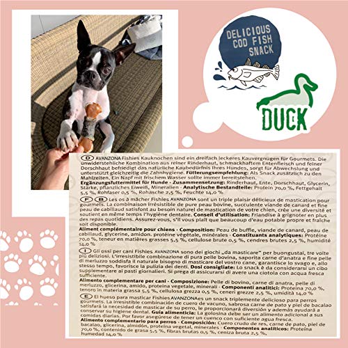 AVANZONA Golosinas para Perros, Snacks para Perros Naturales, Dental de Combinación de Hueso de Ternera, Carne de Pato y Piel seco de Bacalao Pescado, Rico en Omega -3, Sin celeares. 180G.