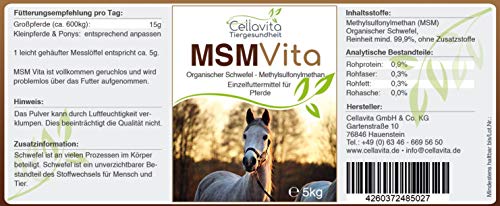 Cellavita MSM – Azufre orgánico – 5 kg para caballos | Calidad farmacéutica puro 99,9 % – Cubo de 5 kg