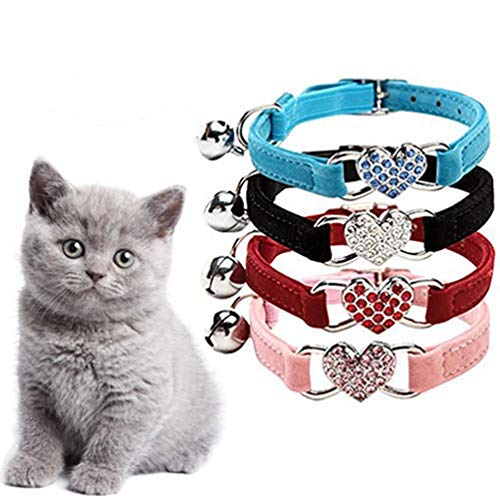 DAIXI Collares para Gatos con la Campana y del Cristal del corazón Suministros Linda del Animal doméstico Negro + Rojo + Azul Rosa