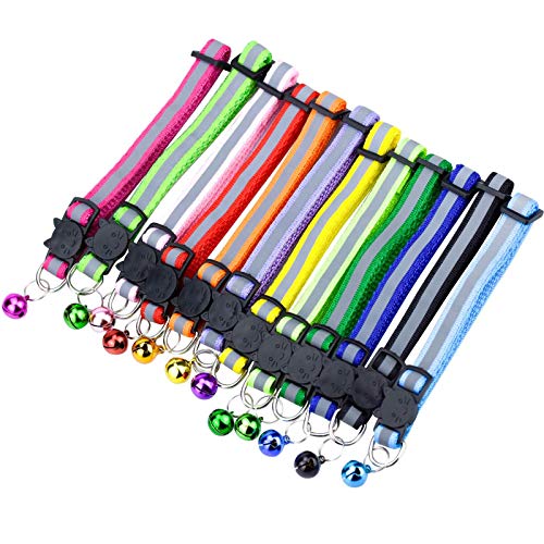 DESON 12pcs Collar Gato, Collar Reflectante de Gato, Collares para Gato con Campana (20-30cm)