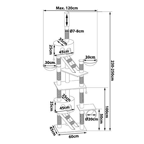 dibea Árbol rascador árbol para escalar árbol rascador para gatos Altura ajustable 230-250 cm beige/blanco