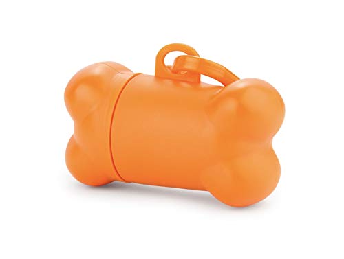 Dispensador en Forma de Hueso de Bolsitas Coletoras de Excremento de Perros y Mascotas - Porta Bolsas de Desechos Heces Caca + 15 Bolsas (Naranja)