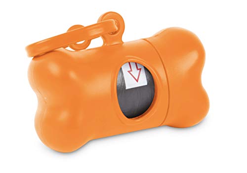 Dispensador en Forma de Hueso de Bolsitas Coletoras de Excremento de Perros y Mascotas - Porta Bolsas de Desechos Heces Caca + 15 Bolsas (Naranja)
