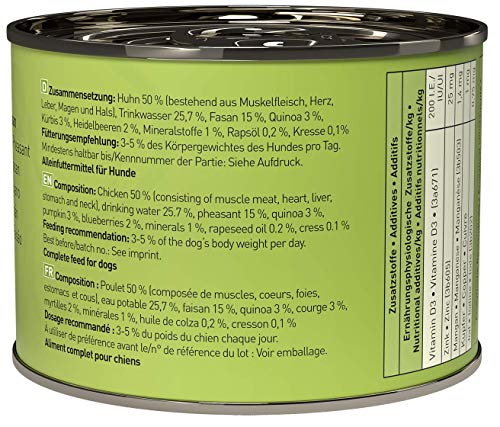 dogz finefood Comida húmeda para Perros – N° 4 Pollo & faisán – Comida húmeda para Perros & Cachorros – Sin Cereales ni azúcar – Alto Contenido de Carne – 6 x 200 g Lata
