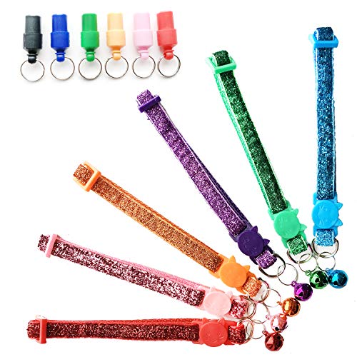 Gatos Collares, PietyPet 6 Piezas Glitter Collares con Campana liberación rápida y 6 Piezas Tubo de identificación para Gato y Perro Pequeño mascotas
