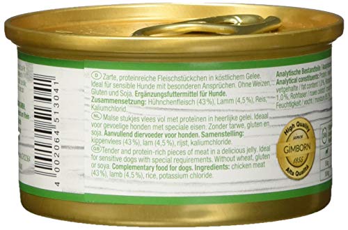 GimDog Pure Delight, pollo con cordero - Snack para perros rico en proteínas, con carne tierna en deliciosa gelatina - 12 latas (12 x 85 g)