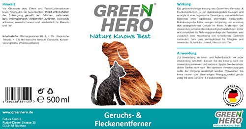 Green Hero Quitamanchas y eliminador de olores de animales, limpiador enzimático biológico como solución lista para usar contra orina de gato, orina de perro KOT, olores de animales, 500 ml