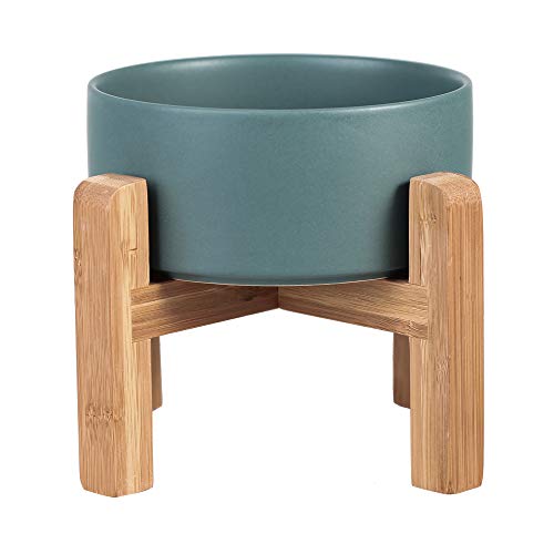 HCHLQLZ Verde Ceramica Comedero Elevado Perro y Comedero Gato - 850 ml - En un Elegante Soporte de bambú - También Adecuado para Perros Grandes/Grandes felinos