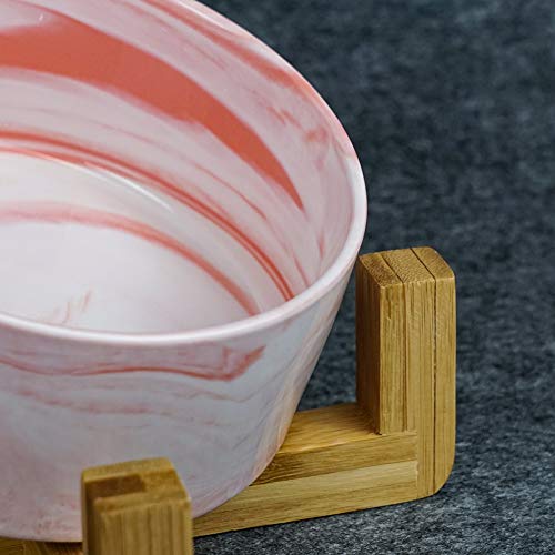 Hetoco Mármol Rosa Ceramica Comedero Perro y Comedero Gato - 850 ml - En un Elegante Soporte de bambú - También Adecuado para Perros Grandes/Grandes felinos