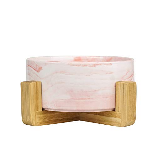 Hetoco Mármol Rosa Ceramica Comedero Perro y Comedero Gato - 850 ml - En un Elegante Soporte de bambú - También Adecuado para Perros Grandes/Grandes felinos