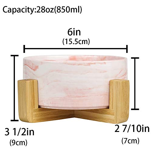 Hetoco Mármol Rosa Ceramica Comedero Perro y Comedero Gato - 850 ml - En un Elegante Soporte de bambú - También Adecuado para Perros Grandes/Grandes felinos