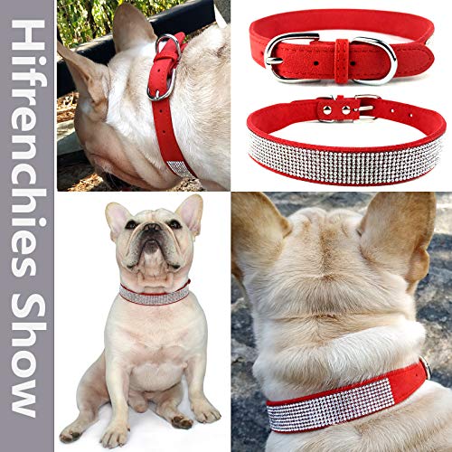 Hifrenchies Collares de piel de ante suave para perros franceses con diamantes de imitación de cristal, collar brillante para gatos, cachorros y otros perros pequeños y medianos (M,rojo)