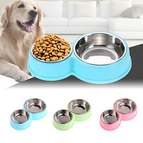 Jiamins Comedero de agua para perros de acero inoxidable con doble cuenco, para gatos y cachorros, color rosa