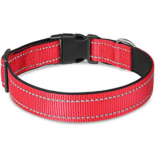 Joytale Collar Perro Reflectante,Nylon Collar Acolchado con Neopreno,Ajustable para Perros Mediano,35-50cm,Rojo