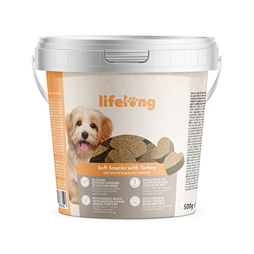 Marca Amazon - Lifelong - Treats para perros, ricos en proteínas, con pavo (4 botes x 500gr)