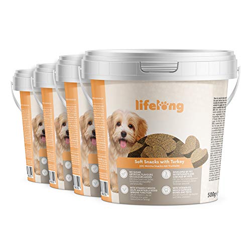 Marca Amazon - Lifelong - Treats para perros, ricos en proteínas, con pavo (4 botes x 500gr)