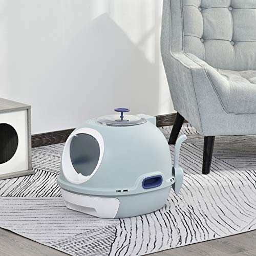 Pawhut Caja de Arena para Gatos Ligero Arenero Portátil Espacio Amplio con Claraboya Cajón Basurero Pala Asa ABS 47x55x44 cm Azul