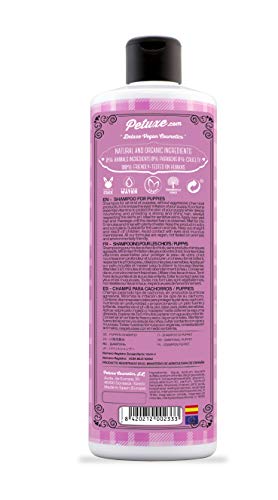 Petuxe Champú Vegano para cachorros. Champú Vegano Perros. Champú Mascotas. Todas las razas. Lavante, hidratante y vitalizante. Aloe Vera ecológico (500 ml)