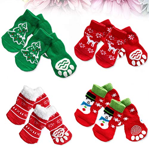 POPETPOP 4 Juegos de Calcetines de Cachorro de Perro Mascota con Copos de Nieve de Navidad Reno muñeco de Nieve patrón de árbol de Navidad para Perros Grandes XL