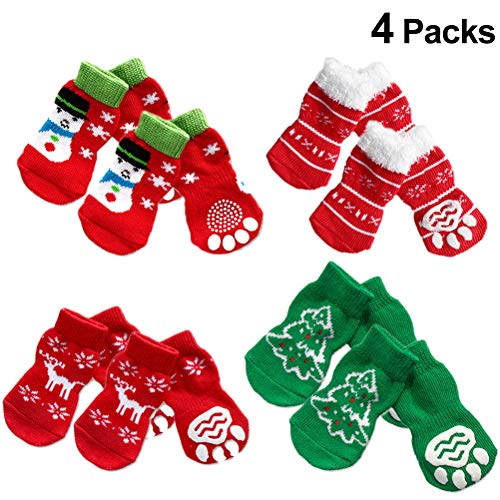 POPETPOP 4 Juegos de Calcetines de Cachorro de Perro Mascota con Copos de Nieve de Navidad Reno muñeco de Nieve patrón de árbol de Navidad para Perros Grandes XL