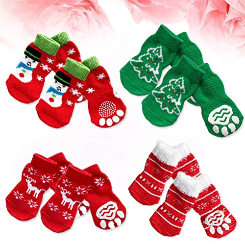 POPETPOP 4 Juegos de Calcetines de Cachorro de Perro Mascota con Copos de Nieve de Navidad Reno muñeco de Nieve patrón de árbol de Navidad para Perros Grandes XL