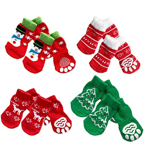 POPETPOP 4 Juegos de Calcetines de Cachorro de Perro Mascota con Copos de Nieve de Navidad Reno muñeco de Nieve patrón de árbol de Navidad para Perros Grandes XL