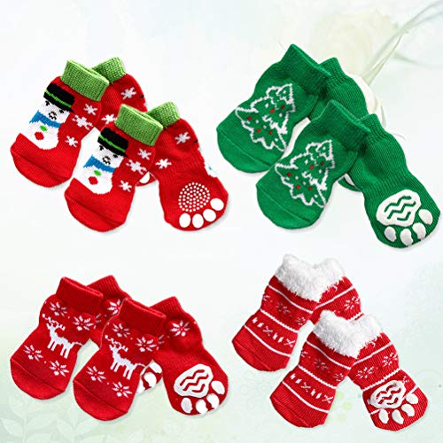 POPETPOP 4 Juegos de Calcetines de Cachorro de Perro Mascota con Copos de Nieve de Navidad Reno muñeco de Nieve patrón de árbol de Navidad para Perros Grandes XL