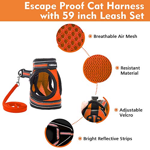 rabbitgoo Arnes Gatos y Correa 150cm Chaleco Ajustable Antitirones Reflectante Cómodo Correa Mágica para Fácil de Poner y Quitar para Paseo Diario Arnes para Perro Pequeño Conejos Gatos M Naranja