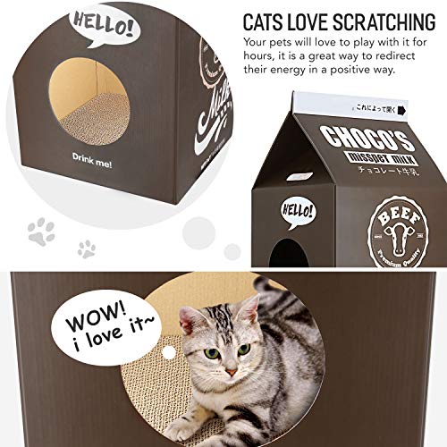 ScratchMe Cat Condo Rascador Postal Cartón, Forma Caja de Leche Gato Rascador Casa Cama, Color Negro