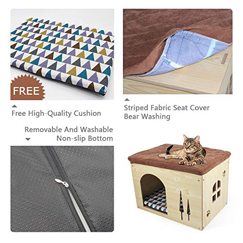 SONGWAY Casa de Madera pour Perro Gato - Taburete Caseta para Mascota con Cojín Extraíble para Cachorro y Gato, 57×40×40cm