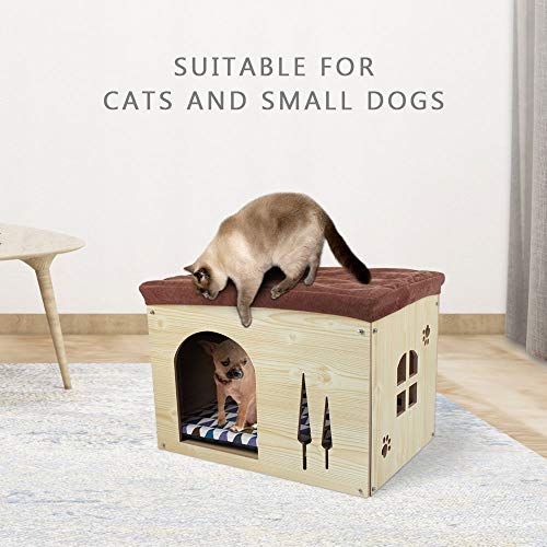 SONGWAY Casa de Madera pour Perro Gato - Taburete Caseta para Mascota con Cojín Extraíble para Cachorro y Gato, 57×40×40cm