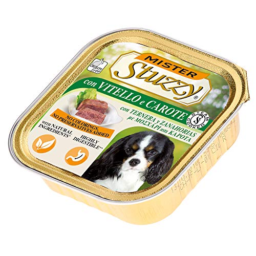 Stuzzy Mister, Comida húmeda para Perros Adultos, Sabor Ternera y Zanahorias, paté y Carne en trozos - Total 3,3 kg (22 tarrinas x 150 gr)