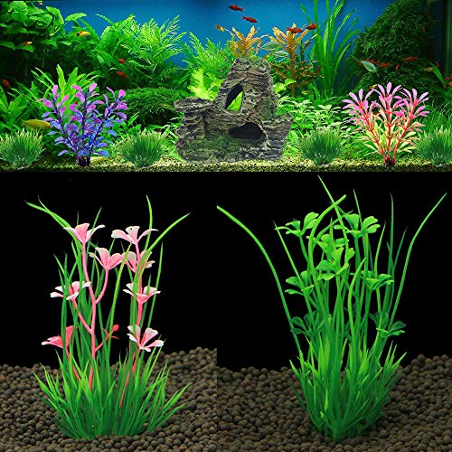 Vibury Plantas Artificiales Acuario, 13 Piezas Plantas Verdes de Acuario de plástico y Acuario, Arrecife de montaña, Cueva de Roca, Resina, pecera, decoración de Acuario