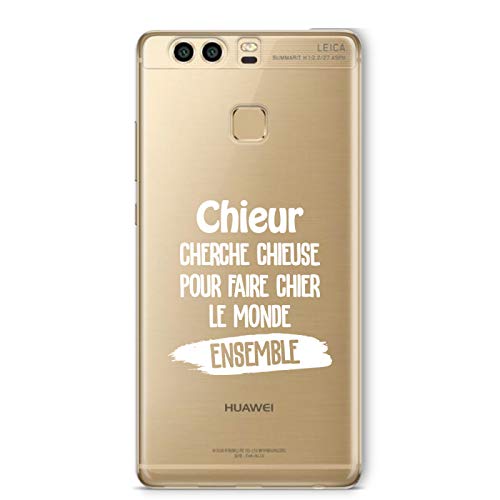 ZOKKO - Carcasa para Huawei P9, diseño de Perro de Perro y Perro – Flexible Transparente – Tinta Blanca