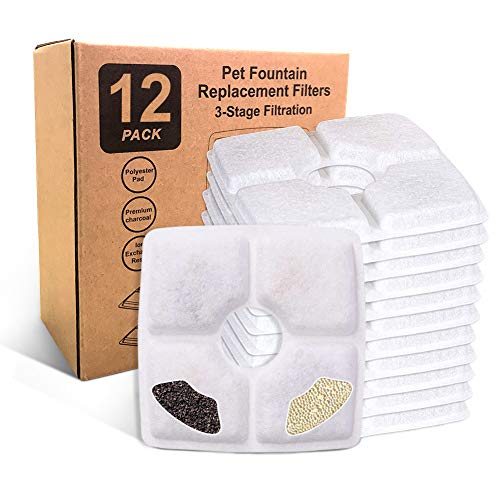 12 Packs de Filtros Fuente Gatos, Filtro de Carbón Activado para Mascotas, Resina de Intercambio Iónico de Reemplazo y Filtro de Carbón Activado de Algodón
