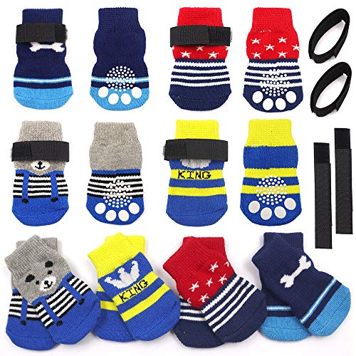 4 pares calcetines antideslizantes para perros con correas ajustables suela de goma para protección de la pata de mascota para cachorros y gatos en interiores y exteriores en suelo de madera dura (M)