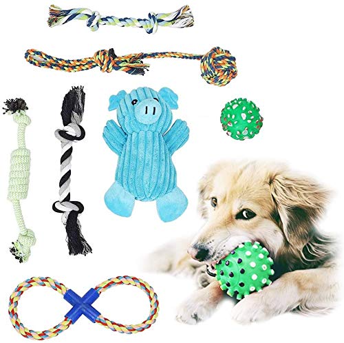 7 piezas de juguete para cachorros, juguete para masticar, juguete para perros, cachorro, cerdo de peluche azul con sonido de cerdo de peluche que suena, juguete masticable de algodón
