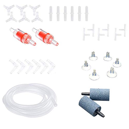 Accesorios de bomba de aire para tanque acuario 34 PCS, 4 m Acuario Tubo, 2 piedras de aire acuario, 2 válvulas de retención y 24 conectores, 6 ventosas, aerolínea bomba de aire estándar de acuario