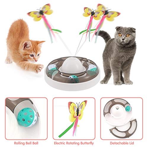 Aceshop Juguetes para Gatos 2 EN 1 Juguete Interactivo para Gato de 360° Giratorio Eléctrico Butterfly y Bola de Campana Juguetes para Gatos Interactivos para Gatos de Interior Kitten