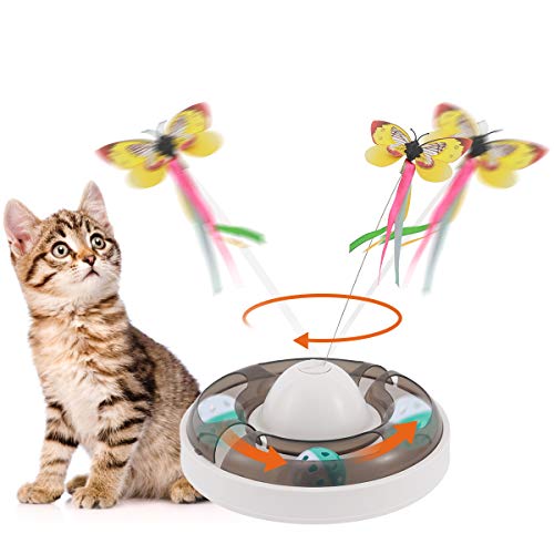 Aceshop Juguetes para Gatos 2 EN 1 Juguete Interactivo para Gato de 360° Giratorio Eléctrico Butterfly y Bola de Campana Juguetes para Gatos Interactivos para Gatos de Interior Kitten