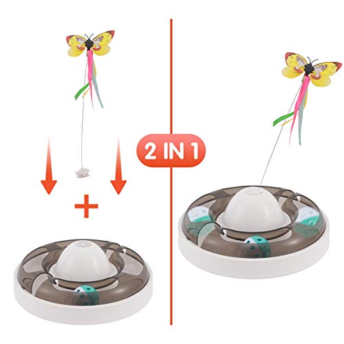 Aceshop Juguetes para Gatos 2 EN 1 Juguete Interactivo para Gato de 360° Giratorio Eléctrico Butterfly y Bola de Campana Juguetes para Gatos Interactivos para Gatos de Interior Kitten