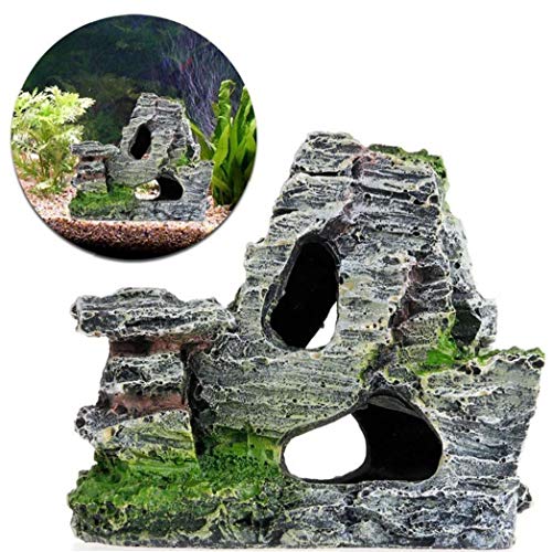 Acuario de rocalla de ocultación de la roca de la cueva de la decoración, Debajo del paisaje Mountain View del ornamento del acuario de rocalla del reptil Basking Ocultar Hábitat tanque Decoración del