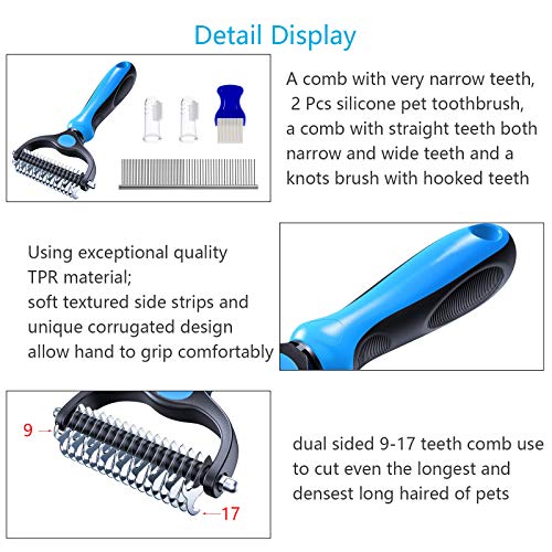 AirSMall 3PCS Pet Peine y Dematting Peine Dientes de doble cara Peine de pulgas para perros, gatos y conejos con pelo mediano o largo con cepillo de dientes de silicona para mascotas