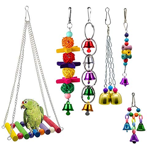 Amasawa 6 Piezas Unidades Juguetes para Pájaros Colorful Columpio para Loros Accesorios Jaula Pajaros Bite Toy con Campanas para Periquitos,Columpio y Campana,Juguetes para Masticar para Loros