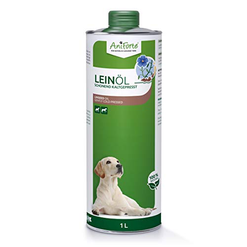 AniForte Aceite de Linaza para perros, gatos y caballos 1 litro - prensado en frío, rico en ácidos grasos omega 3 y omega 6, aceite de alimentación de alta calidad en envases reciclables